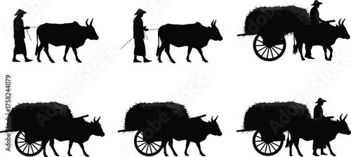Traditional ox cart farming silhouettes with farmers, hay transport, agriculture labor, rural lifestyle, village work, countryside culture, vintage vector illustration