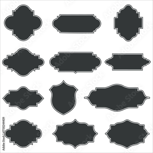 Collection of twelve ornate decorative vintage frames and labels in silhouette style