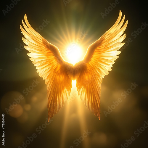 Angel wings in glowing light aura