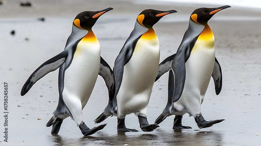 Obraz premium Penguins exploring frozen seaside environment image