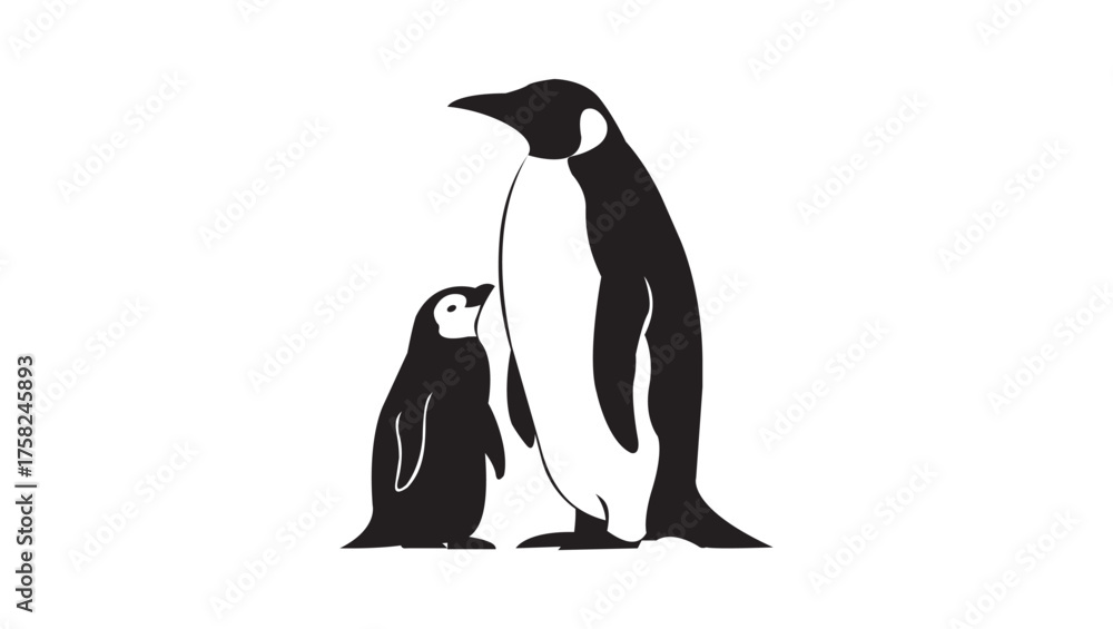 Fototapeta premium Penguin Silhouette Vector – Parent and Baby Minimal Arctic Wildlife