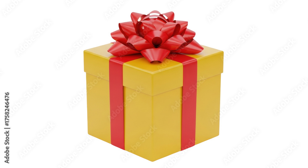 Obraz premium Isolated festive yellow gift box with a red bow on top as present for any holiday occasion