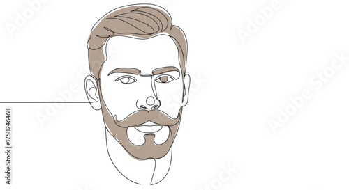 Elegant one-line drawing of a man's face featuring a beard, mustache and neatly styled hair, conveying simplicity and sophistication.