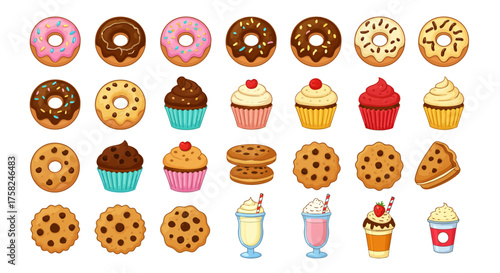 Illustration of various desserts donuts cupcakes cookies milkshakes and a cream cup