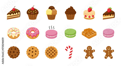 Rows of desserts cakes donuts macarons cookies waffle and candy cane on a white background