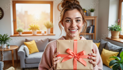 Happy young woman holding a gift box in a cozy living room  