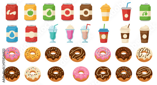 Vector image shows multiple cans drinks and donuts arranged in four rows
