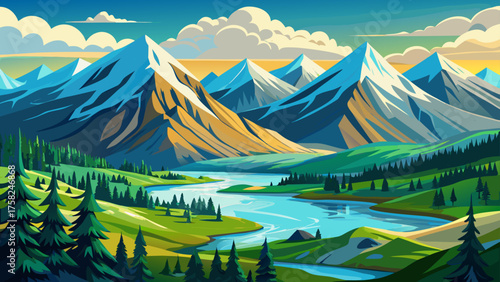 Very beautiful snowy mountains of Alaska with green forests, winding rivers, and wide valleys under bright daylight, creating a breathtaking natural landscape and perfect travel destination for nature