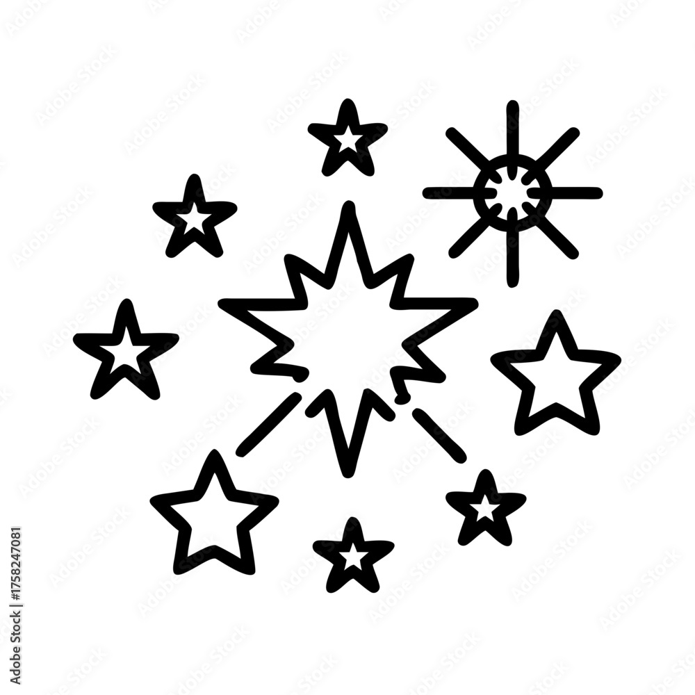 Fototapeta premium Spark and star icons in black outline style.