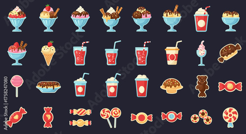 Desserts  drinks form a collection of pixelated sweets against a dark backdrop