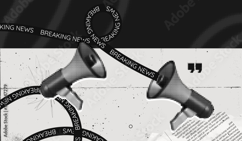 Trendy Halftone Collage Megaphones with news. Social media propaganda and information. Loudspeaker with attention message. Public event. Paper elements. Contemporary art vector illustration