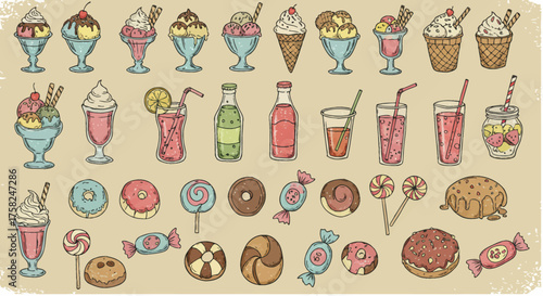 Desserts  drinks sketch ice cream sodas donuts candies cookies on a creamcolored backdrop