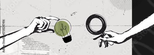 Trendy Halftone Collage Search idea. Hand holding magnifying glass with lightbulb. Creative vision and thinking. Business insights and solutions. Find target. Contemporary vector illustration art