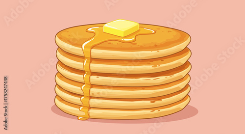 Stack of 6 pancakes dripping with syrup and topped with a pat of butter against a light pink background