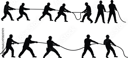 "Teamwork tug of war competition silhouettes with helmets showing strength, balance, struggle, unity, challenge, force, effort, and determination"