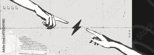 Trendy Stipple Halftone effect Two hands pointing to lightning bolt. Power of teamwork. Digital contemporary art. SEO marketing concept. Business idea. Vintage vector illustration art