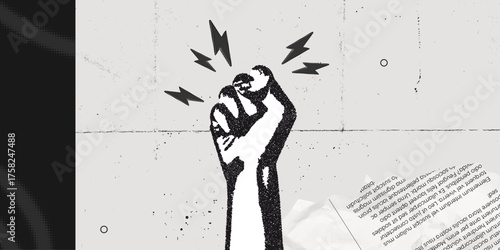 Trendy Halftone Collage Raised Fist up. Demonstration of protest. Fight for your rights. Power sign. Success and strength. Feminism concept. Magazine style. Contemporary vector art illustration