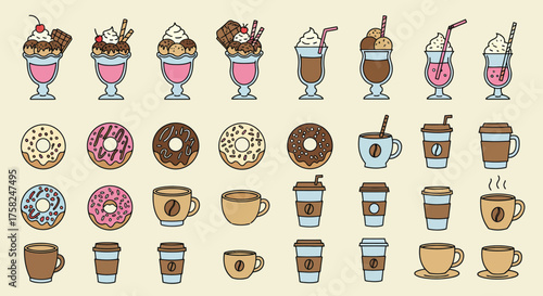 Neat rows of colorful illustrated desserts donuts and coffee