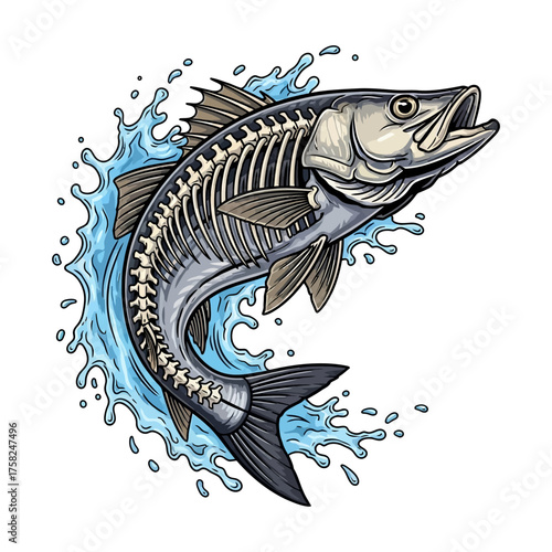 umping Snook fish skeleton illustration in blue ocean waves vector graphic design