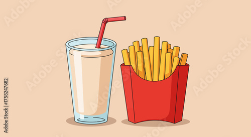 A cartoon depicts a glass of milkshake with a red straw alongside a red carton of french fries