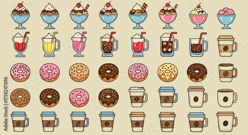 Pixel art assorted sundaes beverages donuts  togo cups arranged in a neat vibrant grid