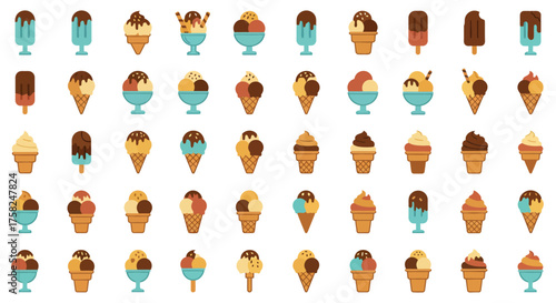 A variety of ice cream treats displayed in a grid pattern against a white background