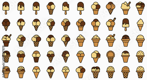 An array of stylized cartoon ice cream cones and popsicles on a white background