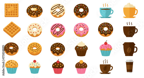 An array of waffles donuts cupcakes and coffee variations arranged in neat rows on a white background