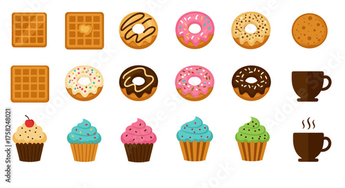 Cartoonstyle arrangement of waffles donuts cupcakes a cookie and coffee cups