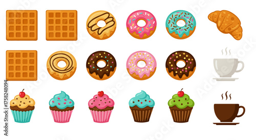 An array of colorful breakfast treats  coffee arranged in a grid pattern on a white background