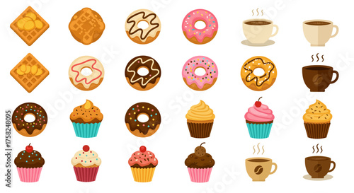 Waffles donuts cupcakes  coffee cups arranged in four rows