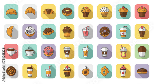 Assorted pastries  drinks icons with shadows are displayed on colored square backgrounds