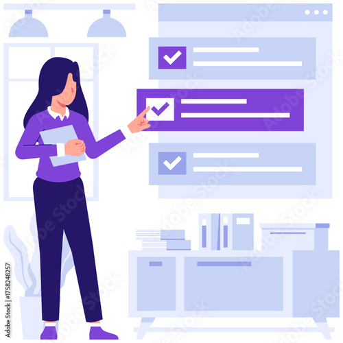 a woman checking off her work