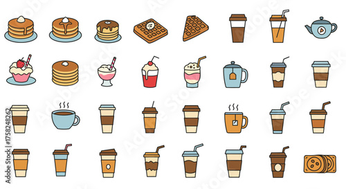 Assorted pixel art pancakes waffles drinks coffee cups and cookies in rows