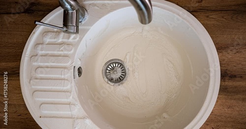  Cleaning a very dirty sink with cleaning solution, top view. 4K stop motion animation