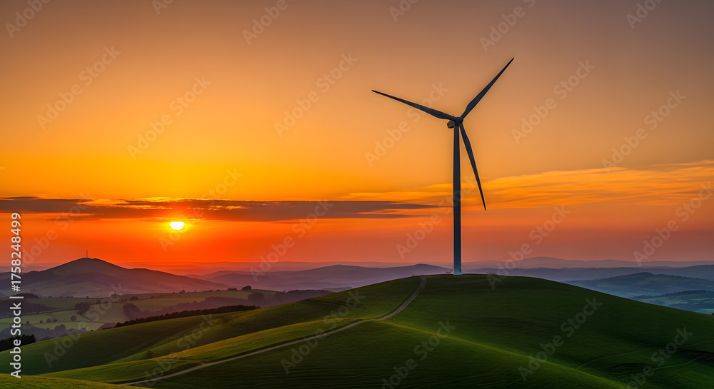 Fototapeta premium Wind Turbine at Sunset Harnessing Renewable Energy on a Hilltop for Sustainable Power Generation