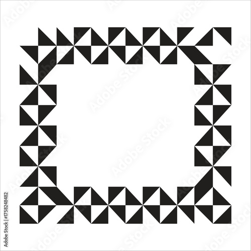 This image features a black and white geometric border composed of interlocking triangles. The triangles alternate in color, creating a repeating pattern that forms a rectangular frame around a centra