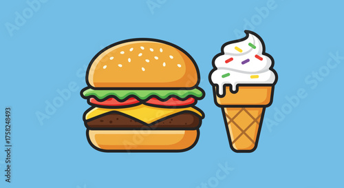 Burger and ice cream cone on a solid blue background