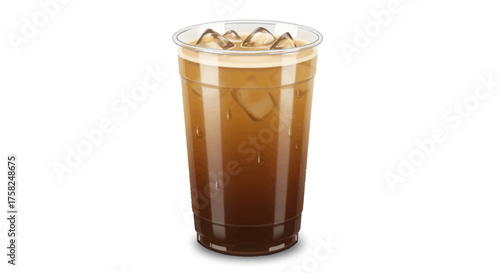 A clear plastic cup filled with ice and coffee condensation drops visible on the outside