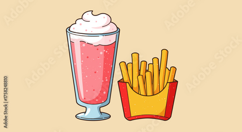 A milkshake with whipped cream and fries in a yellow and red container