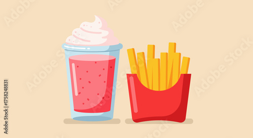 Cartoon fast food pink smoothie with whipped cream and box of yellow french fries on a beige background