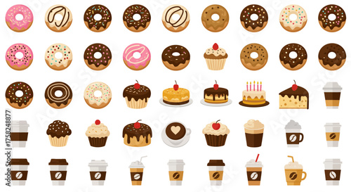 Pattern of donuts cakes and coffee cups on a white background