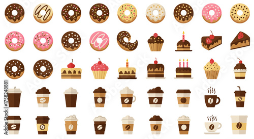 An array of colorful donuts cakes and coffee drinks arranged in rows