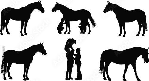 Vector illustration of horse silhouettes with human interaction, grooming, training, and care activities, equestrian lifestyle design elements for stock
