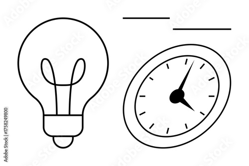 Light bulb and analog clock portraying innovation and time efficiency. Ideal for productivity, management, creativity, planning, innovation, workflow, strategy. A simple flat metaphor