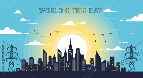 World Cities Day illustration with a cityscape silhouette against a bright sun and blue sky.