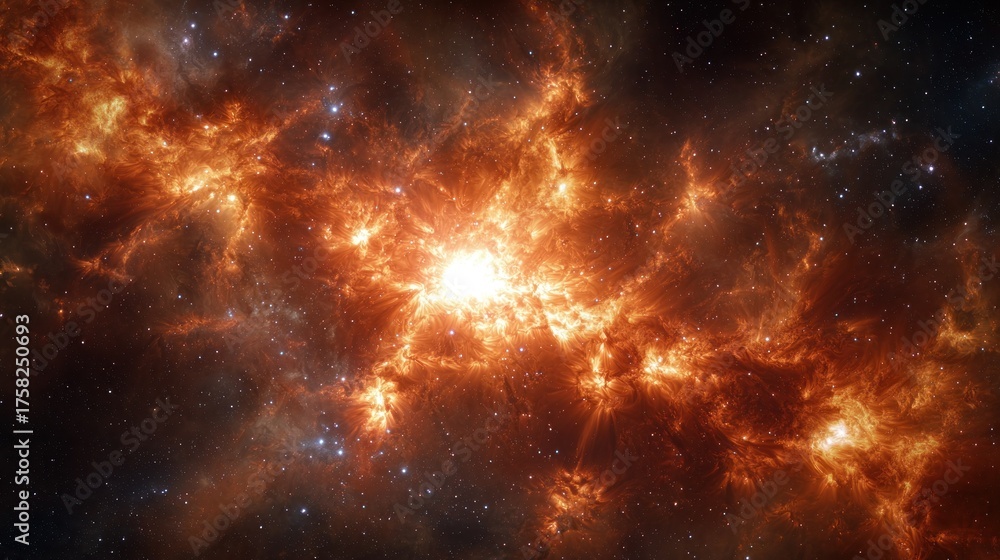 Naklejka premium Fiery nebula in deep space. Vast expanse of orange-red gas clouds, lit by a central star. Stars scattered throughout the cosmic background