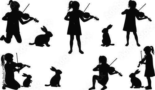 Whimsical children playing violins with attentive rabbits in magical fantasy scene, joyful music harmony, enchanting nature illustration, peaceful storytelling vector art