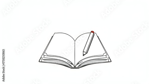 Simple one-line art illustration of pencil and open book, elegant minimal vector, clean continuous stroke style.