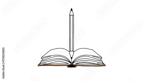 Simple one-line art illustration of pencil and open book, elegant minimal vector, clean continuous stroke style.
